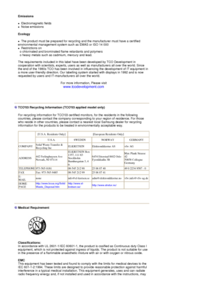 Page 96Emissions 
zElectromagnetic fields 
zNoise emissions 
Ecology  
zThe product must be prepared for recycling and the manufacturer must have a certified 
environmental management system  such as EMAS or ISO 14 000 
zRestrictions on 
  o chlorinated and brominated flame retardants and polymers 
  o heavy metals such as cadmium, mercury and lead.  
 
The requirements included in this label have been developed by TCO Development in 
cooperation with scientists, experts, users as well as manufacturers all over...