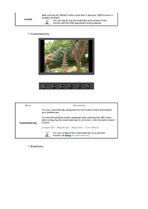 Page 25LockedAfter pushing the MENU button more than 5 seconds, OSD function is 
locked (unlocked). You can adjust only the brightness and contrast of the 
monitor with the OSD adjustment locking feature.
 
 
 Customized key 
 
Menu Description
Customized key You can customize key assignment for the Custom button according to 
your preferences. 
To view the operating screen displayed when pressing the [   ] button 
after configuring the customized key for a function, click the name of each 
function. 
 
( Image...