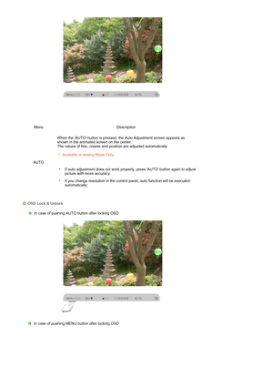 Page 43 
 
 
 
Menu Description
AUTO When the AUTO button is pressed, the Auto Adjustment screen appears as 
shown in the animated screen on the center.  
The values of fine, coarse and position are adjusted automatically.  
 
 
 
Available in analog Mode Only
If auto adjustment does not work properly, press AUTO button again to adjust 
picture with more accuracy.
If you change resolution in the control panel, auto function will be executed 
automatically. 
OSD Lock & Unlock
 
In case of pushing AUTO button...