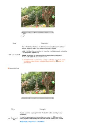 Page 44 
 
 
 
 
Menu Description
OSD Lock & UnlockThis is the function that locks the OSD in order to keep the current states of 
settings or prevent others from adjusting the current settings.  
 
Lock : Hold down the menu button for more than five (5) seconds to activate the 
OSD adjustment lock function. 
 
Unlock : Hold down the menu button for more than five (5) seconds to 
deactivate the OSD adjustment lock function. 
 
Though the OSD adjustment lock function is activated, you can still adjust 
the...