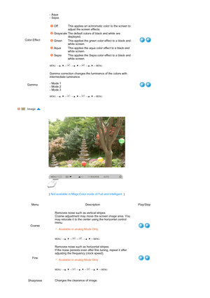 Page 48 
 
 
  Color Effect- Aqua  
- Sepia  
 
MENU →  ,  →  →  ,  →  →  ,  → MENU
Off This applies an achromatic color to the screen to 
adjust the screen effects. 
Grayscale The default colors of black and white are 
displayed.
Green  This applies the green color effect to a black and 
white screen.
Aqua This applies the aqua color effect to a black and 
white screen.
Sepia  This applies the Sepia color effect to a black and 
white screen.
GammaGamma correction changes the luminance of the colors with...