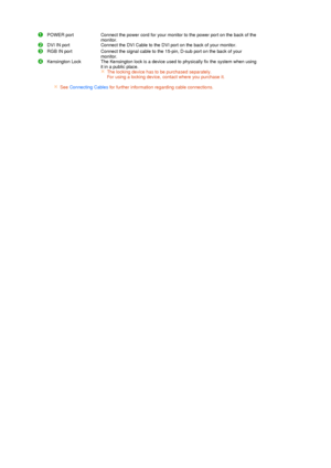 Page 15 
 POWER port Connect the power cord for your monitor to the power port on the back of the 
monitor.
DVI IN port Connect the DVI Cable to the DVI port on the back of your monitor.
RGB IN port Connect the signal cable to the 15-pin, D-sub port on the back of your 
monitor.
Kensington Lock The Kensington lock is a device used to physically fix the system when using 
it in a public place.  
The locking device has to be purchased separately.  
For using a locking device, contact where you purchase it.
See...