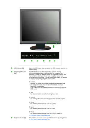 Page 18 
MENU button [ ]  
 Opens the OSD menu. Also use to exit the OSD menu or return to the 
previous menu. 
MagicBright™ button  
[]  
 
 
 
 MagicBright™ is a new feature providing optimum viewing 
environment depending on the contents of the image you are 
watching. Currently six different modes are available: Custom, Text, 
Internet, Game, Sport and Movie. Each mode has its own pre-
configured brightness value. You can easily select one of six settings 
by simply pressing MagicBright™ control button....