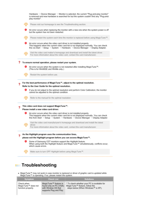Page 30Hardware → Device Manager → Monitor is selected, the current Plug-and-play monitor 
is removed and new hardware is searched for but the system couldnt find any Plug-and-
play monitor.  
 
Please visit our homepage to see the Troubleshooting section.  
 
An error occurs when replacing the monitor with a new one when the system power is off 
but the system has not been restarted. 
 
Please restart the system each time the monitor is replaced before using MagicTune™.  
 
An error occurs when the video card...