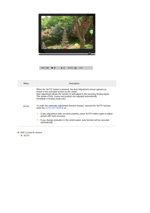 Page 33 
 
 
MenuDescription
AUTO When the AUTO button is pressed, the Auto Adjustment screen appears as 
shown in the animated screen on the center.  
Auto adjustment allows the monitor to self-adjust to the incoming Analog signal. 
The values of fine, coarse and position are adjusted automatically.  
(Available in Analog mode only)  
 
 
To make the automatic adjustment function sharper, execute the AUTO function 
while the AUTO PATTERN is on.  
 
If auto adjustment does not work properly, press AUTO button...