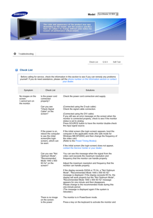 Page 43 Model 
 
 Check List
Before calling for service, check the information in this section to see if you can remedy any problems 
yourself. If you do need assistance, please call the  phone number on the Information section or contact 
your dealer . 
SymptomCheck ListSolutions
No images on the 
screen.  
I cannot turn on 
the monitor. Is the power cord 
connected 
properly?
Check the power cord connection and supply.
Can you see 
Check Signal 
Cable on the 
screen?  (Connected using the D-sub cable)  
Check...