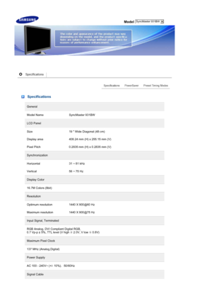 Page 48 Model
 Specifications
General
Model NameSyncMaster 931BW
LCD Panel
Size19  Wide Diagonal (48 cm)
Display area 408.24 mm (H) x 255.15 mm (V)
Pixel Pitch
0.2835 mm (H) x 0.2835 mm (V)
Synchronization
Horizontal31 ~ 81 kHz
Vertical 56 ~ 75 Hz
Display Color
16.7M Colors (8bit)
Resolution
Optimum resolution1440 X 900@60 Hz
Maximum resolution 1440 X 900@75 Hz
Input Signal, Terminated
RGB Analog, DVI Compliant Digital RGB,  
0.7 Vp-p ± 5%, TT L level (V high ≥ 2.0V, V low  ≤ 0.8V) 
Maximum Pixel Clock
137 MHz...