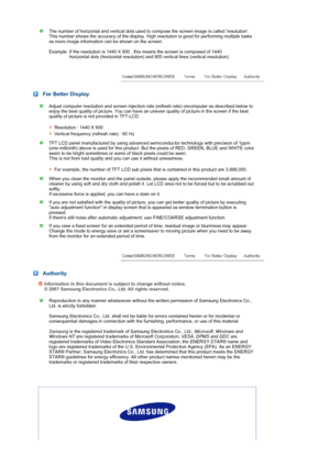 Page 55The number of horizontal and vertical dots used to compose the screen image is called resolution. 
This number shows the accuracy of the display. High resolution is good for performing multiple tasks 
as more image information can be shown on the screen.  
 
Example :If the resolution is 1440 X 900 , this means the screen is composed of 1440 
horizontal dots (horizontal resolution) and 900 vertical lines (vertical resolution).
 For Better Display
Adjust computer resolution and screen injection rate...