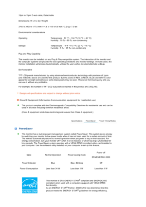 Page 66 
 
 
 
15pin to 15pin D-sub cable, Detach able
Dimensions
 (W x H x D)  /  Weight 
376.0 x 380.0 x 177.0 mm  /  14.8 x 14.9 x  6.9 inch /  3.2 kg / 7.0 lbs
Environmen tal consideratio ns
Op erating Temp era ture : 50 °F ~ 1 04 °F (10  °C ~ 40  °C)   Hu midity  : 1 0 % ~ 80 %, non -conden sing
Storage Temp era ture : -4 °F ~113  °F (-20 °C ~ 45  °C)   Hu midity  : 5  % ~  95  %, n on -conden sing
Plug  and  Play  Capab ility
This  monitor can be installed  on any  Plug & Play compa tible s ystem. The...