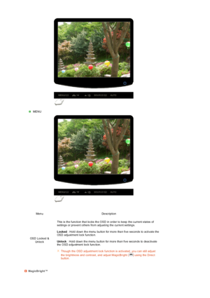 Page 36 
 
 
 
 MENU 
Men u De scr ipt i on
OSD Lock ed & 
Un loc kThis  is th e function tha t lo cks th e OSD in order to  keep  the c urrent s tates  of 
settings or preven t others  fro m adjusting the curre nt setting s.  
 
Locked : Hold down th e menu  bu tton for more tha n five secon ds to activate the 
OSD adjustment lock functio n. 
 
Unl ock : Hold down th e menu  bu tton for more tha n five secon ds to deac tivate 
the OSD a dju stment loc k func tion. 
 
Though the OSD adjustment lock  function is...