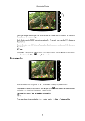 Page 29This is the function that locks the OSD in order to keep the current sta\
tes of settings or prevent others
from adjusting the current settings.
Lock : Hold down the MENU button for more than five (5) seconds to act\
ivate the OSD adjustment
lock function.
Unlock : Hold down the MENU button for more than five (5) seconds to d\
eactivate the OSD adjustment
lock function.
 Note
Though the OSD adjustment lock function is activated, you can still adju\
st the brightness and contrast,
and adjust Customized...