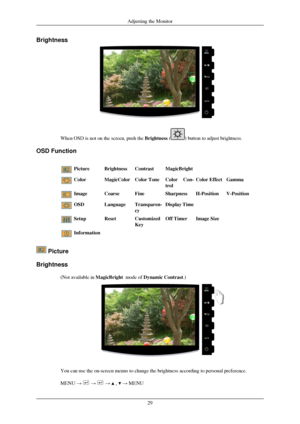 Page 30Brightness
When OSD is not on the screen, push the 
Brightness ( ) button to adjust brightness.
OSD Function Picture
BrightnessContrastMagicBright Color
MagicColorColor ToneColor Con-
trolColor Effect
Gamma Image Coarse
FineSharpnessH-PositionV-Position OSD
LanguageTransparen-
cyDisplay Time Setup
ResetCustomized
KeyOff Timer
Image Size  Information
 Picture
Brightness (Not available in  MagicBright  mode of Dynamic Contrast.) You can use the on-screen menus to change the brightness according to pe\...