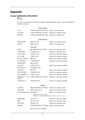 Page 54Appendix
Contact SAMSUNG WORLDWIDE
 Note
If you have any questions or comments relating to Samsung products, plea\
se contact the SAMSUNG
customer care center.
North America
U.S.A 1-800-SAMSUNG(726-7864) http://www.samsung.com
CANADA 1-800-SAMSUNG(726-7864) http://www.samsung.com/ca
MEXICO 01-800-SAMSUNG(726-7864) http://www.samsung.com
Latin America
ARGENTINE 0800-333-3733 http://www.samsung.com/ar
BRAZIL 0800-124-421
4004-0000 http://www.samsung.com
CHILE 800-SAMSUNG(726-7864)...