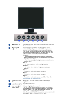 Page 12 
 
MENU button [ ] 
 Opens the OSD menu. Also use to exit the OSD menu or return to 
the previous menu.  
MagicBright™  
[] 
 
 
 
 MagicBright™ is a new feature providing optimum viewing 
environment depending on the contents of the image you are 
watching. Currently six different modes are available: Custom, 
Text, Internet, Game, Sport and Movie. Each mode has its own 
pre-configured brightness value. You can easily select one of six 
settings by simply pressing MagicBright control button. 
1) Custom...