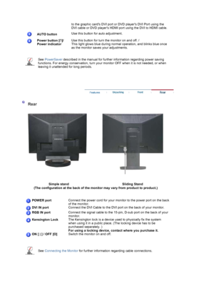 Page 13 
 
    
to the graphic cards DVI port or DVD players DVI Port using the 
DVI cable or DVD players HDMI port using the DVI to HDMI cable. 
AUTO buttonUse this button for auto adjustment.
Power button [ ]/  
Power indicator Use this button for turn the monitor on and off. / 
This light glows blue during normal operation, and blinks blue once 
as the monitor saves your adjustments.
See PowerSaver described in the manual for further information regarding power saving 
functions. For energy conservation,...