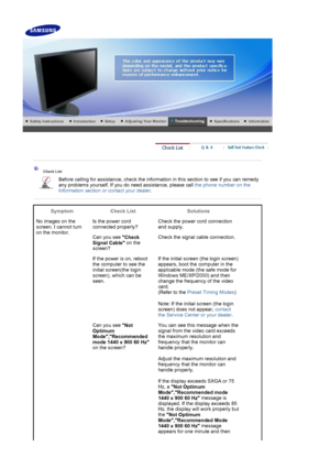 Page 46 
 
 
 Check List  
Before calling for  assistance, check the informa tion in this section to see if you can remedy 
any problems yourself. If you do  need assistance, please call the phone number on the 
Information section or contact your deale
r.
 
 
Symptom Check List Solutions
No images on the 
screen. I cannot turn 
on the monitor. Is the power cord 
connected properly?
Check the power cord connection 
and supply.
Can you see  Check 
Signal Cable  on the 
screen?  Check the signal cable...