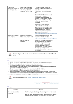 Page 48 
 
Check when 
MagicTune™ does not 
function properly. MagicTune™ feature is 
found only on PC (VGA) 
with Window OS that 
supports Plug and Play.* To check whether your PC is 
available for MagicTune™ feature, 
follow the  
  steps below (When Windows is 
XP);  
 
Control Panel -> Performance and 
Maintenance -> System -> 
Hardware -> Device Manager -> 
Monitors -> After deleting Plug and 
Play monitor, find Plug and Play 
monitor by searching new 
Hardware. 
MagicTune™ is an additional 
software for...