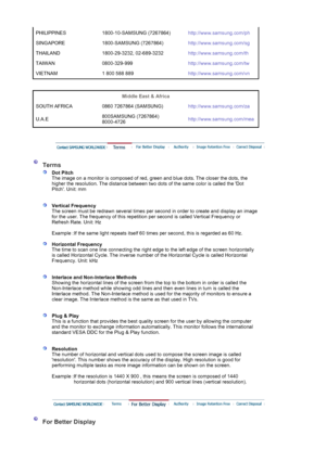 Page 62PHILIPPINES 1800-10-SAMSUNG (7267864)http://www.samsung.com/ph
SINGAPORE 1800-SAMSUNG (7267864)http://www.samsung.com/sg
THAILAND 1800-29-3232, 02-689-3232http://www.samsung.com/th
TAIWAN 0800-329-999http://www.samsung.com/tw
VIETNAM 1 800 588 889http://www.samsung.com/vn
 
 
Middle East & Africa 
SOUTH AFRICA 0860 7267864 (SAMSUNG)http://www.samsung.com/za
U.A.E800SAMSUNG (7267864) 
8000-4726http://www.samsung.com/mea
 
 
 Terms 
 
Dot Pitch 
The image on a monitor is composed of red, green and blue...