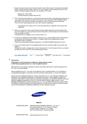 Page 631. Adjust computer resolution and screen injection rate (refresh rate) oncomputer as described 
below to enjoy the best quality of picture. You can have an uneven quality of picture in the 
screen if the best quality of picture is not provided in TFT-LCD.  
 
{Resolution: 1440 X 900  
{Vertical frequency (refresh rate): 60 Hz 
 
2. TFT LCD panel manufactured by using advanced semiconductor technology with precision of 
1ppm (one millionth) above is used for this product. But the pixels of RED, GREEN,...