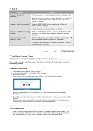Page 144Q & A
QuestionAnswer
How can I change the 
frequency?The frequency can be changed by reconfiguring the video card.  
Note that video card support can vary, depending on the version 
of the driver used. (Refer to the computer or the video card 
manual for details.) 
How can I adjust the resolution?Windows ME/XP/2000 : Set the resolution at the Control 
Panel ¡Display
¡Settings.
* Contact the video card  manufacturer for details.
How can I set the Power Saving 
function?Windows ME/XP/2000 : Set  the...
