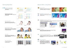 Page 3Samsung SyncMaster I05 04
Samsung MagicClear Absolute Detail, Living Colors 
Supreme Quality
High-brightness LCD panel enables vivid pictures, and rich
color expressions are realized on 700:1 contrast screen.
ConventionalSAMSUNG 
300cd/m2, 700:1
High Contrast Ratio
Sharper contrast that’s as clear as black and white.
MagicClear clearly reveals sharper contrast and fine detail.
Normal LCD
MagicClear
Bright & Detailed Images
MagicClear displays every attractive detail. MagicClear
antireflective surface...