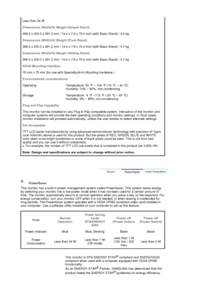 Page 140Less than 34 W 
Dimensions (WxDxH)/ Weight (Simple Stand)
366.0 x 200.0 x 391.2 mm / 14.4 x 7.9 x 15.4 inch (with Basic Stand) / 3.4 kg
Dimensions (WxDxH)/ Weight (Pivot Stand)
366.0 x 200.0 x 391.2 mm / 14.4 x 7.9 x 15.4 inch (with Basic Stand) / 4.7 kg
Dimensions (WxDxH)/ Weight (Sliding Stand)
366.0 x 200.0 x 391.2 mm / 14.4 x 7.9 x 15.4 inch (with Basic Stand) / 4.7 kg
VESA Mounting Interface
75 mm x 75 mm (for use with Specialty(Arm) Mounting hardware.)
Environmental considerations
Operating...