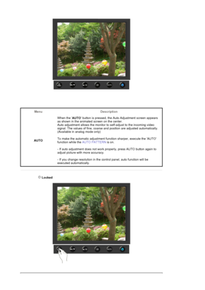 Page 63Menu Description
AUTOWhen the 
AUTO button is pressed, the Auto Adjustment screen appears 
as shown in the animated screen on the center. 
Auto adjustment allows the monitor to self-adjust to the incoming video 
signal. The values of fine, coarse and position are adjusted automatically.  
(Available in analog mode only) 
To make the automatic adjustment function sharper, execute the AUTO 
function while the AUTO PATTERN is on. 
- If auto adjustment does not work properly, press AUTO button again to...