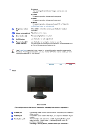 Page 20 
 
  
 
3) Internet
 
  For working with a mixture of images such as text and 
graphics.
4) Game  
For watching motion pictures such as a game.
5) Sport  
For watching motion pictures such as a sport.
6) Movie  
For watching motion pictures such as a DVD or Video CD.
>>Click here to see an animation clip  
Brightness button 
[]When OSD is not on the screen, push the button to adjust 
brightness.
Adjust buttons [ ]Adjust items in the menu.
Enter button [ ]  Activates a highlighted menu item. 
AUTO...