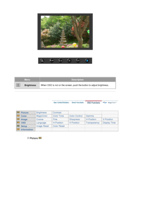 Page 45MenuDescription
 BrightnessWhen OSD is not on the screen, push the button to adjust brightness.
 
 
 
 
  Picture Brightness Contrast
  Color MagicColor Color Tone Color Control Gamma
  Image Coarse Fine Sharpness H-Position V-Position
  OSD Language H-Position V-Position Transparency Display Time
  Setup Image Reset Color Reset
  Information
 Picture  
 