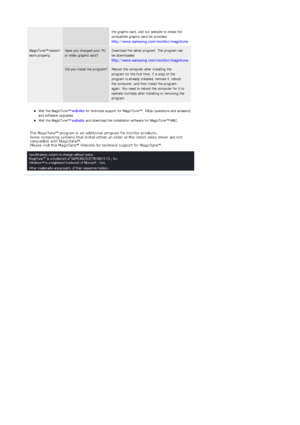 Page 64zVisit the MagicTune™ website for technical support for MagicTune™ , FAQs (questions and answers) 
and software upgrades.  
zVisit the MagicTune™ website and download the installation software for MagicTune™ MAC.  
the graphic card, visit our website to check the 
compatible graphic card list provided. 
http://www.samsung.com/monitor/magictune
MagicTune™ doesnt 
work properly.Have you changed your PC 
or video graphic card?Download the latest program. The program can 
be downloaded...