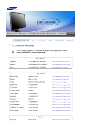 Page 165Contact SAMSUNG WORLD-WIDE
If you have any questions or comments relating to Samsung products, please 
contact the SAMSUNG customer care center. 
North America
CANADA 1-800-SAMSUNG (7267864)http://www.samsung.com/ca
MEXICO 01-800-SAMSUNG (7267864)http://www.samsung.com/mx
U.S.A 1-800-SAMSUNG (7267864)http://www.samsung.com
Latin America
ARGENTINE 0800-333-3733http://www.samsung.com/ar
BRAZIL 0800-124-421http://www.samsung.com/br
CHILE 800-726-7864 (SAMSUNG)http://www.samsung.com/cl
COSTA RICA...