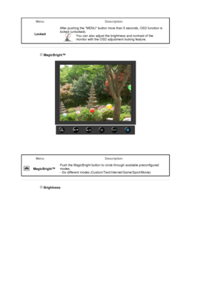 Page 83Menu Description
LockedAfter pushing the MENU button more than 5 seconds, OSD function is 
locked (unlocked). 
You can also adjust the brightness and contrast of the 
monitor with the OSD adjustment locking feature.
 
 MagicBright™ 
 
Menu Description
 
MagicBright™Push the MagicBright button to circle through available preconfigured 
modes. 
- Six different modes (Custom/Text/Internet/Game/Sport/Movie) 
 
 
 Brightness 
 