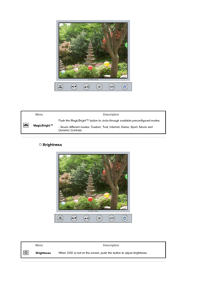 Page 35 
Menu Description
 
MagicBright™Push the MagicBright™ button to circle through available preconfigured modes.  
 
- Seven different modes: Custom, Text, Internet, Game, Sport, Movie and 
Dynamic Contrast. 
 
 
 Brightness 
Menu Description
 
BrightnessWhen OSD is not on the screen, push the button to adjust brightness.
 
 
 
 