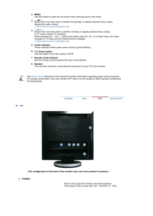 Page 12 
 
    2. 
MENU 
Use this button to open the on-screen menu and step back in the menu. 
3.  
Moves from one menu item to another horizontally or adjusts selected menu values.  
Adjusts the audio volume.  
>>Click here to see an animation clip
4.  
Moves from one menu item to another vertically or adjusts selected menu values.  
In TV mode, selects TV channels.  
When pressing the   button even when using PC, AV, or S-Video mode, the mode 
changes to TV mode and the channel will be changed.  
>>Click...