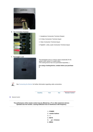 Page 14 
 
 
 
6. AV Connection Terminal 
 
  
 
 
1. Headphone Connection Terminal (Output)  
 
2. S-Video Connection Terminal (Input) 
 
3. Video Connection Terminal (Input)  
 
4. Right(R) / Left(L) audio Connection Terminal (Input) 
 
 
 
7. Kensington Lock 
 
 
The Kensington lock is a device used to physically fix the 
system when using it in a public place.  
(The locking device has to be purchased separately. ) 
 
For using a locking device, contact where you purchase 
it.  
 
 
See  Connecting the...