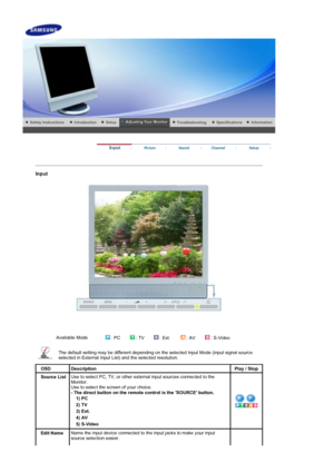Page 27 
Input 
Available Mode 
 : PC : TV : Ext. : AV : S-Video
The default setting may be different depending on  the selected Input Mode (input signal source 
selected in External Input List) and the selected resolution.  
OSDDescriptionPlay / Stop
Source ListUse to select PC, TV, or other external input sources connected to the 
Monitor. 
Use to select the screen of your choice. 
- The direct button on the remote control is the SOURCE button.  
1) PC
2) TV
3) Ext.
4) AV
5) S-Video 
Edit NameName the input...