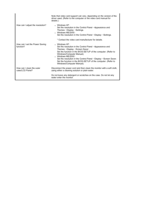 Page 39Note that video card support can vary, depending on the version of the 
driver used. (Refer to the computer or the video card manual for 
details.) 
How can I adjust the resolution?
zWindows XP :  
Set the resolution in the Control Panel
→Appearance and 
Themes→Display→Settings.  
zWindows ME/2000 :  
Set the resolution in the Control Panel→Display→Settings.  
 
* Contact the video card manufacturer for details.  
How can I set the Power Saving 
function?
zWindows XP :  
Set the resolution in the Control...