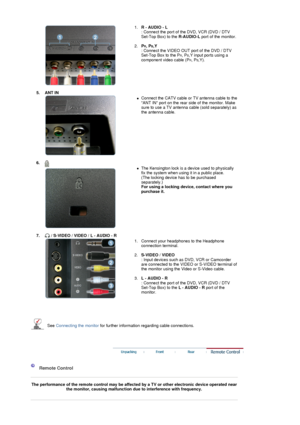 Page 15 
 
 
 
 
1. R - AUDIO - L   
: Connect the port of the DVD, VCR (DVD / DTV 
Set-Top Box) to the  R-AUDIO-L port of the monitor.  
 
2. P
R, PB,Y  
: Connect the VIDEO OUT port of the DVD / DTV 
Set-Top Box to the P
R, PB,Y input ports using a 
component video cable (PR, PB,Y). 
 
 
5. ANT IN 
 
 
 
!Connect the CATV cable or TV antenna cable to the 
ANT IN port on the rear si de of the monitor. Make 
sure to use a TV antenna c able (sold separately) as 
the antenna cable.  
 
6.    
 
 
 
!The...