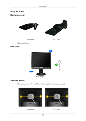 Page 15Using the Stand
Monitor Assembly
Simple StandHAS Stand
Monitor and Bottom
HAS Stand
A. Stand Stopper
Attaching a Base This monitor accepts a 75 mm x 75 mm VESA-compliant mounting interface pad.
Simple StandHAS Stand
Connections
14
 