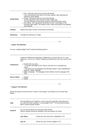 Page 32 
 
 
 
Image Setup 
 
zFine : Removes noise such 
as horizontal stripes.  
If the noise persists even after Fine  tuning, repeat it after adjusting the 
frequency (clock speed).  
zCoarse : Removes noise such  as vertical stripes.  
Coarse adjustment may move the screen image area.  
You may relocate it to the center using the Horizontal Control menu.  
zAuto Setup : Auto adjust ment allows the monitor to self-adjust to the 
incoming video signal. The values of fine, coarse and position are adjusted...