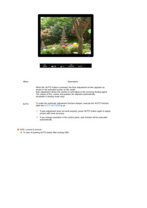 Page 31 
 
 
Menu Description
AUTO  When the AUTO button is pressed, the Auto Adjustment screen appears as 
shown in the animated screen on the center.  
Auto adjustment allows the monitor to se
lf-adjust to the incoming Analog signal. 
The values of fine, coarse and position are adjusted automatically.  
(Available in Analog mode only)  
 
 
To make the automatic adjustment function sharper, execute the AUTO function 
while the  AUTO PATTERN  is on.  
 
If auto adjustment does not work properly, press AUTO...