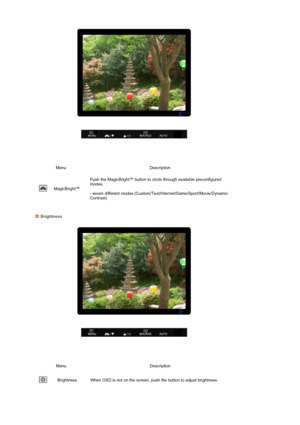Page 33 
 
 
 
 
 
  
Menu Description
 
MagicBright™ Push the MagicBright™ button to circle through available preconfigured 
modes.  
 
- seven different modes (Custom/Text/Internet/Game/Sport/Movie/Dynamic 
Contrast) 
Brightness
 
Menu Description
 
Brightness When OSD is not on the screen, push the button to adjust brightness.
 