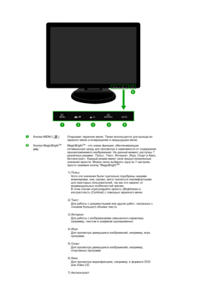 Page 15 
Кнопка MENU [ ]  
 Открывает экранное меню. Также используется для выхода из 
экраного меню и возвращения в предыдущее меню. 
Кнопка MagicBright
™  
[]  
 
 
 
 MagicBright
™ - это новая функция, обеспечивающая 
оптимальную среду для просмотра в зависимости от содержания 
просматриваемого изображения. На данный момент доступны 7 
различных режима : Польз., Текст, Интернет, Игра, Спорт и Кино, 
Автоконтраст. Каждый режим имеет свои предустановленные 
значения яркости. Можно легко выбирать одну из 7...