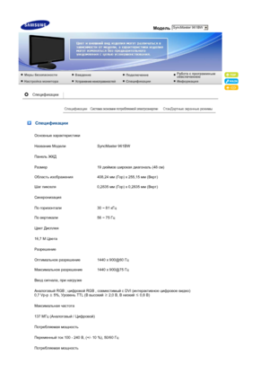 Page 48 Модель
 Спецификации
Основные характеристики
Название МоделиSyncMaster 961BW
Панель ЖКД
Размер19 дюймов широкая диагональ (48 см)
Область изображения408,24 мм (Гор) x 255,15 мм (Верт)
Шаг пикселя0,2835 мм (Гор) x 0,2835 мм (Верт)
Синхронизация
По горизонтали30 ~ 81 кГц
По вертикали56 ~ 75 Гц
Цвет Дисплея
16,7 M Цвета
Разрешение
Оптимальное разрешение1440 x 900@60 Гц
Максимальное разрешение1440 x 900@75 Гц
Ввод сигнала, при нагрузке
Аналоговый RGB ; цифровой RGB , совместимый с DVI (интерактивное...