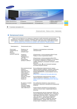 Page 43 
 Контрольный список
Перед  тем , как  обратиться  эа  помощью  в  сервисную  службу  прочитайте  данный  раздел  
руководства  и  попытайтесь  устранить  проблему  самостоятельно . Если  же  Вам  действительно  
нужна  помощь , позвоните , пожалуйста , по  телефону , либо  указанному  в  гарантийном  талоне , 
либо  на  задней  облож  ке  данной  инструкции , либо  свяжитесь  с  Вашим  дилером . 
Неисправность Контрольный  список Решение
Отсутствует  
изображение  на  
экране .  
Я  не  могу  
включить...