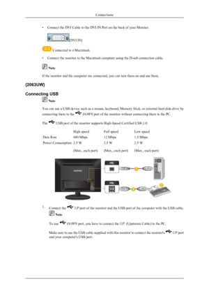 Page 15• Connect the DVI Cable to the DVI IN Port on the back of your Monitor.
[DVI IN]
 Connected to a Macintosh.
• Connect the monitor to the Macintosh computer using the D-sub connection cable.
 Note
If the monitor and the computer are connected, you can turn them on and use them.
{ 2063UW}
Connecting USB 
 Note
You can use a USB device such as a mouse, keyboard, Memory Stick, or external hard disk drive by
connecting them to the 
  DOWN  port of the monitor without connecting them to the PC.
The 
 USB port...