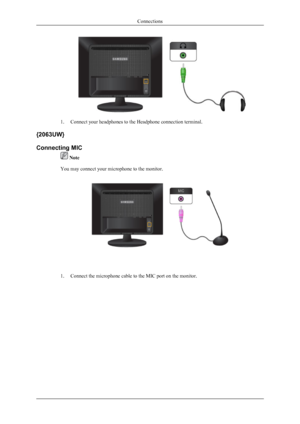 Page 171. Connect your headphones to the Headphone connection terminal.
{ 2063UW}
Connecting MIC
 Note
You may connect your microphone to the monitor.
1. Connect the microphone cable to the MIC port on the monitor.
Connections
 