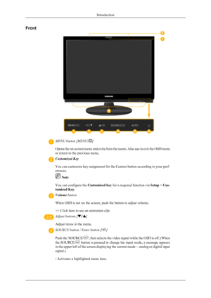 Page 4Front
MENU button [MENU/]
Opens the on-screen menu and exits from the menu. Also use to exit the OSD menu
or return to the previous menu.
Customized Key
You can customize key assignment for the Custom button according to your pref-
erences.
 Note
You can configure the  Customized key for a required function via  Setup > Cus-
tomized Key .
Volume button
When OSD is not on the screen, push the button to adjust volume.
>> Click here to see an animation clip
Adjust buttons []
Adjust items in the menu.
SOURCE...