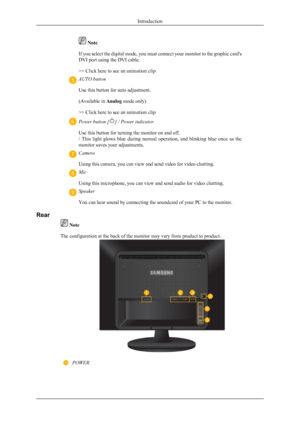 Page 5 Note
If you select the digital mode, you must connect your monitor to the graphic card's
DVI port using the DVI cable.
>> Click here to see an animation clip
AUTO button
Use this button for auto adjustment.
(Available in  Analog mode only)
>> Click here to see an animation clip
Power button [] / Power indicator
Use this button for turning the monitor on and off.
/  This  light  glows  blue  during  normal  operation,  and  blinking  blue  once  as  the
monitor saves your adjustments.
Camera
Using...