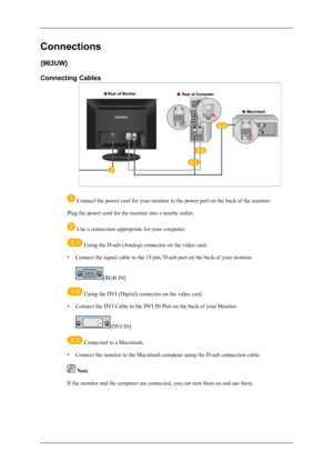 Page 9Connections
{963UW}
Connecting Cables
 Connect the power cord for your monitor to the power port on the back of the monitor.
Plug the power cord for the monitor into a nearby outlet.
 Use a connection appropriate for your computer.
 Using the D-sub (Analog) connector on the video card.
• Connect the signal cable to the 15-pin, D-sub port on the back of your monitor.
[RGB IN]
 Using the DVI (Digital) connector on the video card.
• Connect the DVI Cable to the DVI IN Port on the back of your Monitor.
[DVI...